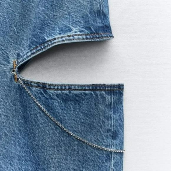 ZARA Z1975 MID WAIST STRAIGHT LEG CUTOUT JEWEL JEANS - Picture 2 of 3